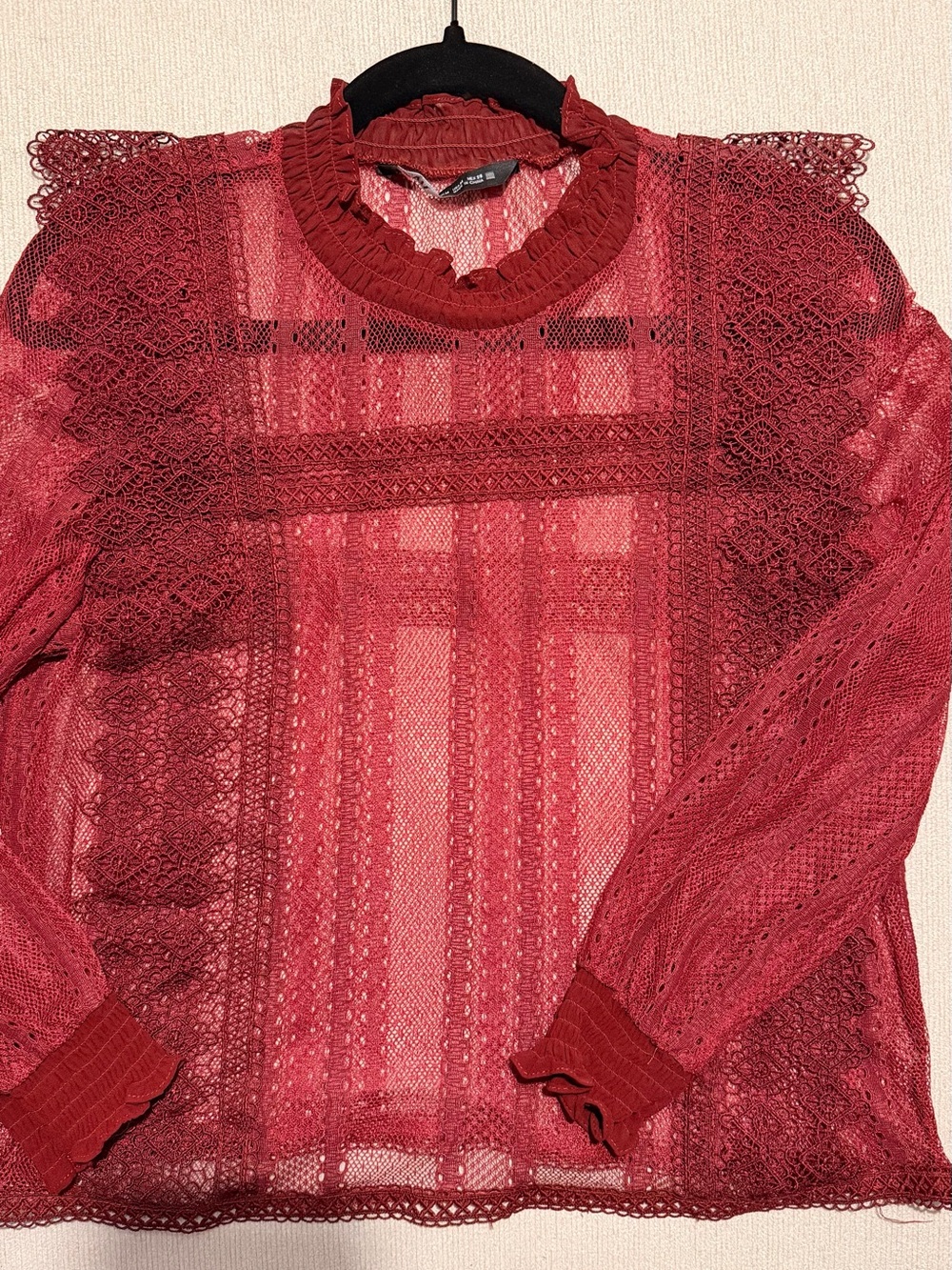 Zara Burgundy Lace Ruffle Neck Blouse